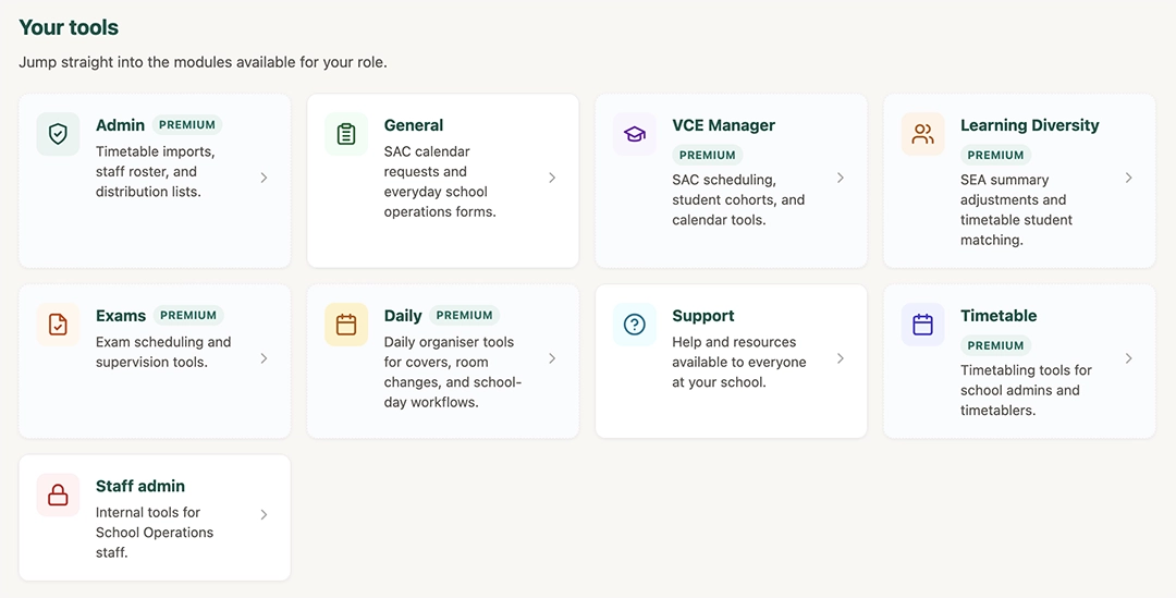 School Operations app modules for teachers, VCE, exams, and admin