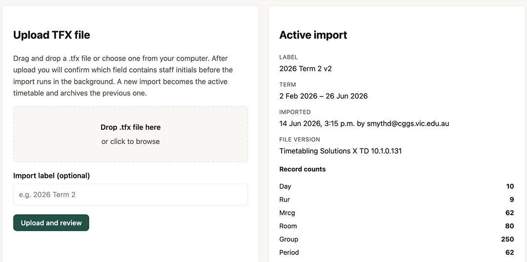 Timetable import screen for Timetabling Solutions files